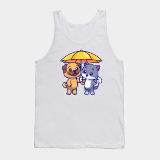 Cute Pug Dog And Cat Standing Under Umbrella Cartoon Tank Top